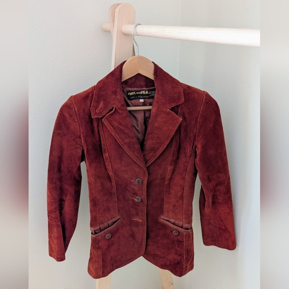 Vintage Authentic Leather Suede Collared Button Down Blazer In Rust/Burnt Orange